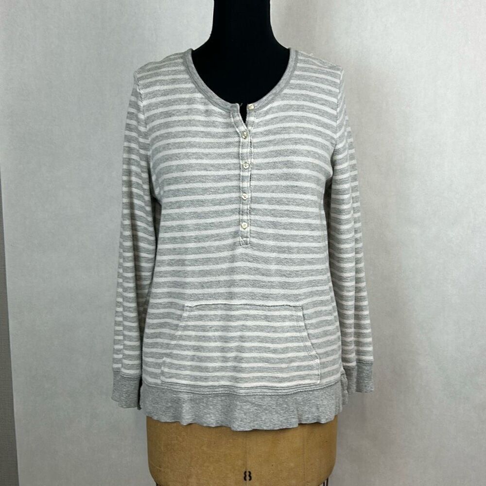 aerie Knit Henley Top Shirt Pullover Gray White Stripe Sz L Long Sleeve Pocket